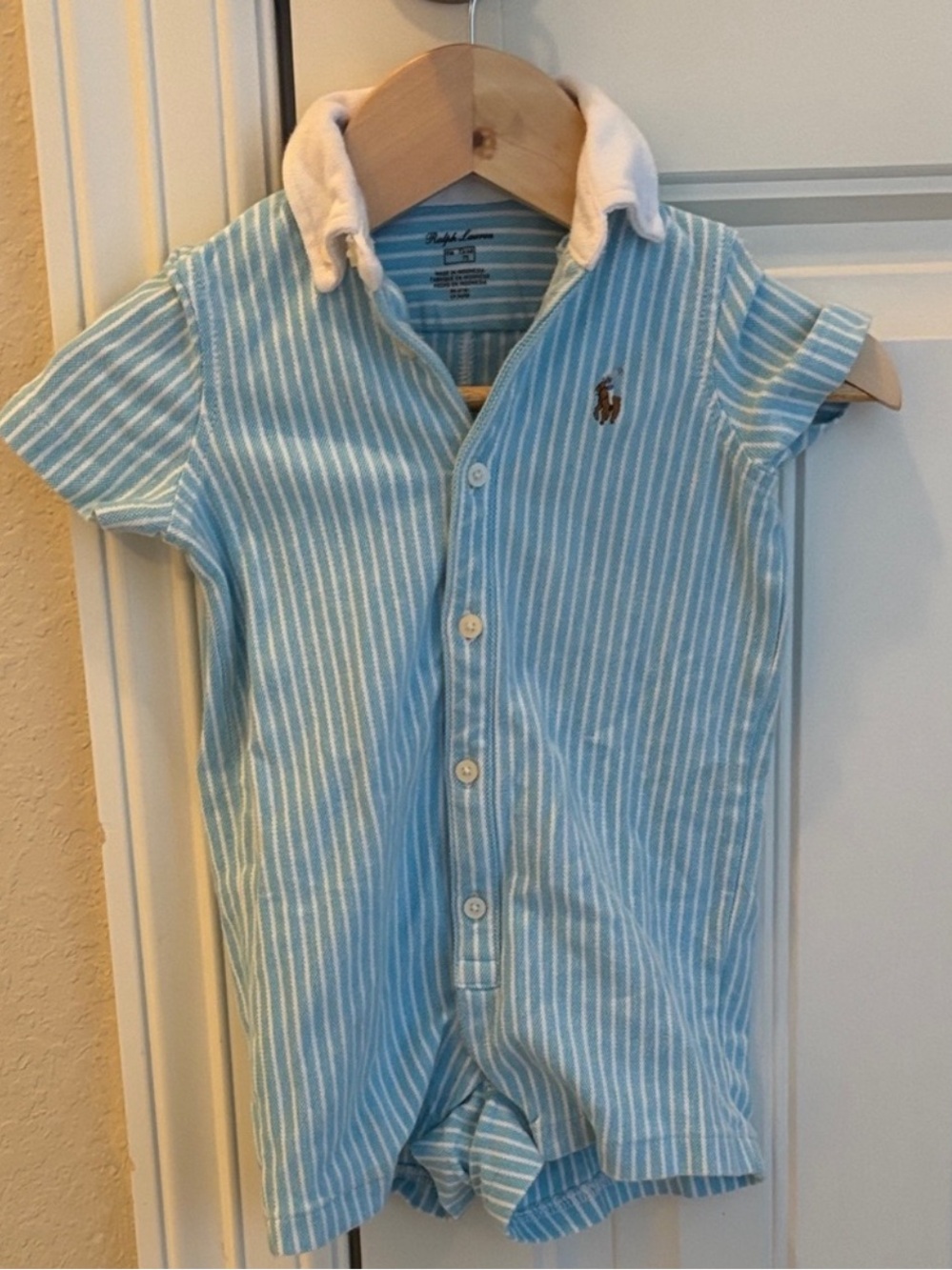 Polo by Ralph Lauren Light Blue and White Striped Button-Front Romper